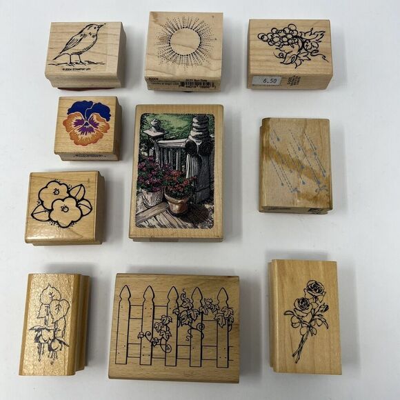 Spring Rubber Stamp Lot Flowers Floral Cluster Grapes Rain Sun Pansy Rose Bird - Picture 1 of 16